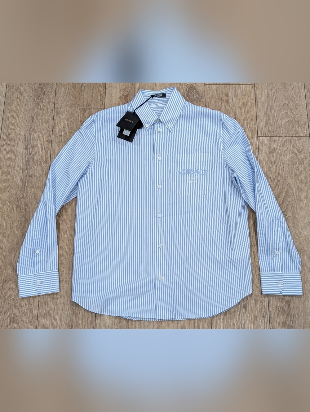 $1390 Mens VERSACE Striped LS Button Up Shirt Light Blue 50 US Large